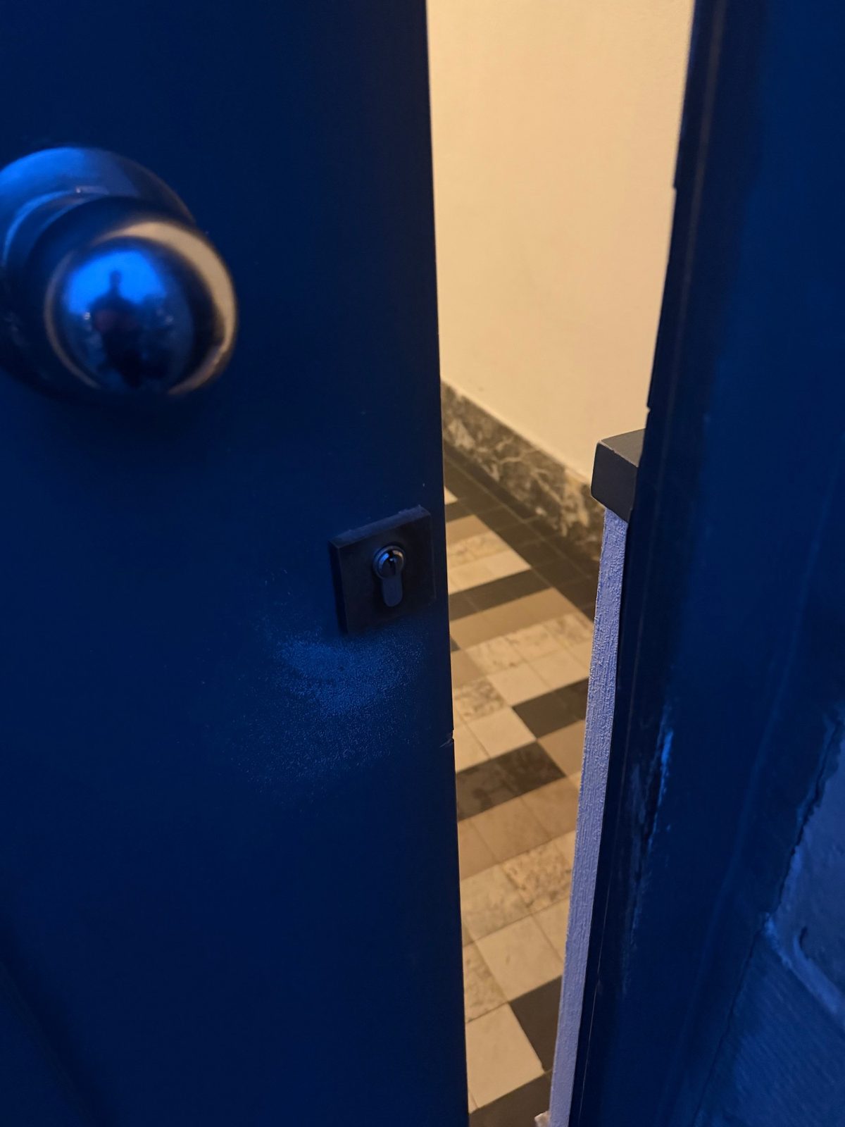 Geopende donkerblauwe deur met zicht op het binnengedeelte en de tegelvloer in Berchem